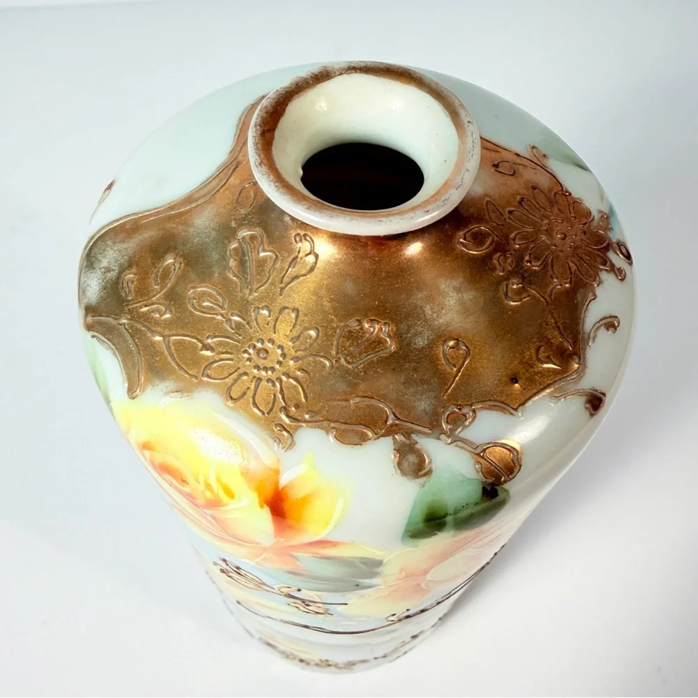 Antique Signed Nippon Moriage Hand Painted Yellow Roses Vase With Wisteria Motif